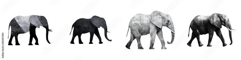 Fototapeta premium Stylized Elephant Silhouettes: Abstract Animal Illustrations on White