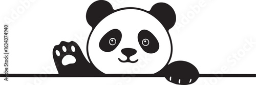 Cute panda bear peeking over a line, waving paw. Adorable black and white vector illustration for design projects, kids' themes, and animal lovers.
