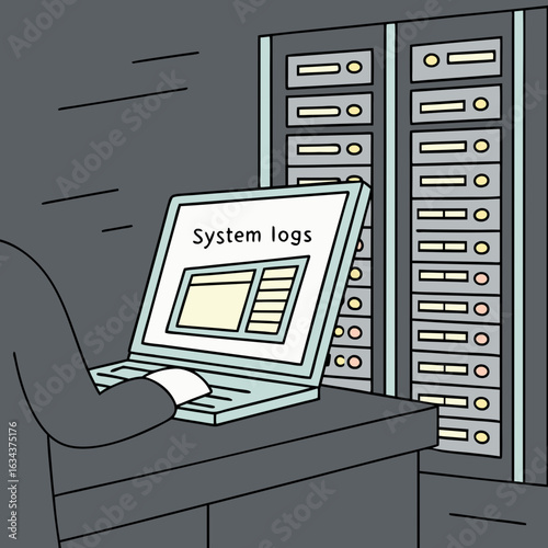 Person Monitoring System Logs on Computer Next to Server Rack