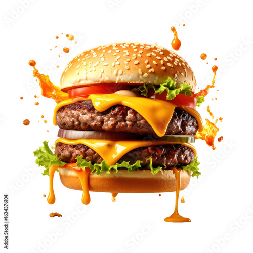 Floating Burger Layers with Plain Bun, Double Beef, Melting Cheese, Mustard and Tomat
