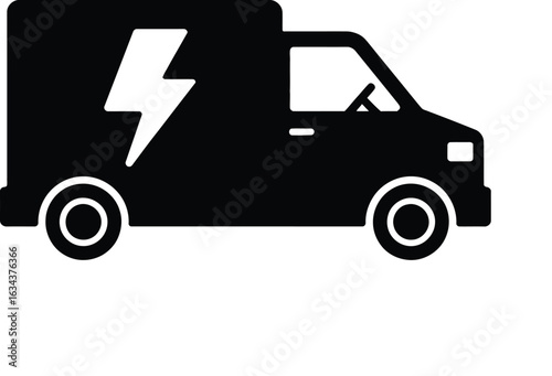 Black silhouette of an electric delivery van with a lightning bolt symbol on its side