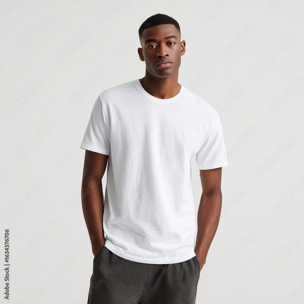 Obraz premium Confident young african american man wearing a blank white t-shirt, standing with hands in pockets against a white background