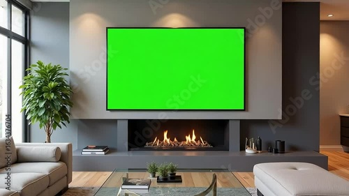 Modern living room with green screen TV and fireplace, perfect for custom content creation and home decor