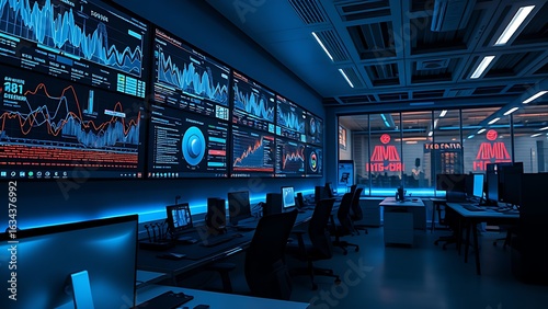 Modern office workspace featuring abstract data visualizations on glowing screens.