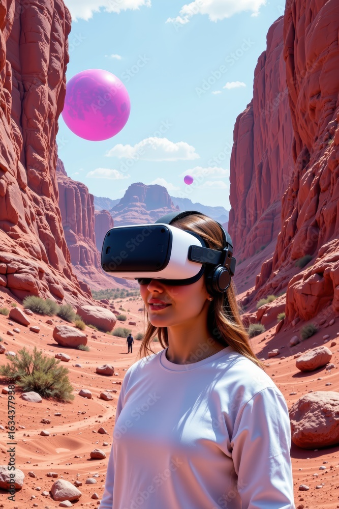 Naklejka premium Woman Wearing VR Headset in Desert Landscape with Abstract Spheres