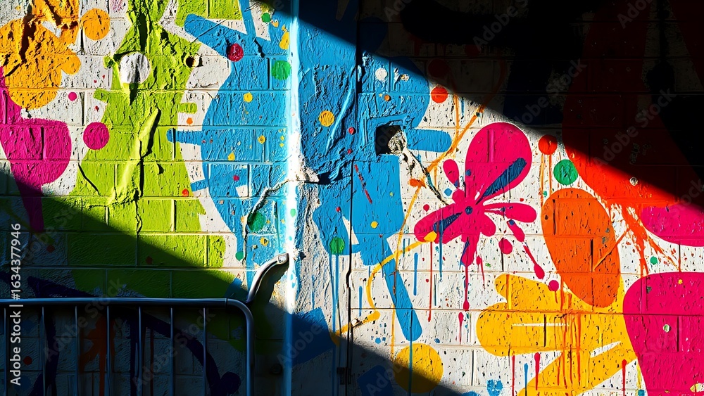 Naklejka premium Urban wall adorned with vibrant paint splatters, embodying abstract street art energy.
