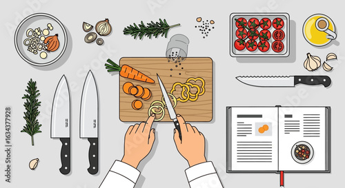 Illustration Vector of Food Preparation with Vegetables and Cookbook Flat Design Cooking Scene