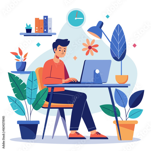 A man working on a laptop at his desk with plants and a clock around him