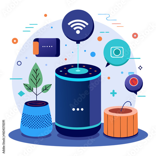 Smart speaker with plant and camera isolated on white background