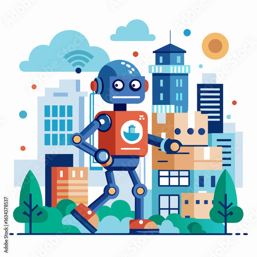 A robot is walking in the city isolated on white background