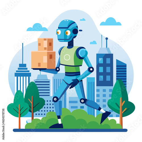 Robot delivering packages in futuristic city with green park illustration