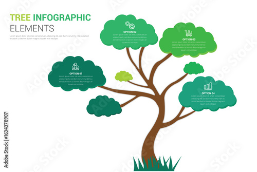 Green Tree Infographic with Five Leaf Nodes for Data Presentation and Environmental Topics