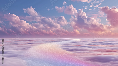 A dreamy pastel path made of sparkling light stretches across a soft cloudscape