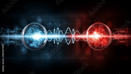 Quantum entanglement particles physics. Superposition research. Measurement science. Blue and red entangled particles with energy bridge.