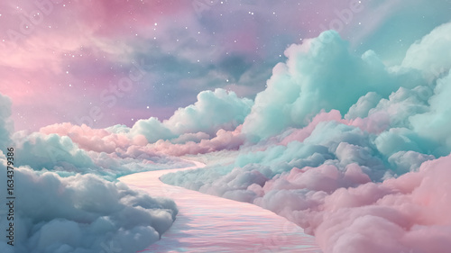 A pastel-colored dreamy sky filled with fluffy clouds and a soft winding path through them