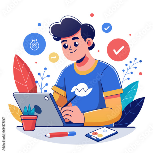 Graphic designer working on a digital tablet isolated on white background
