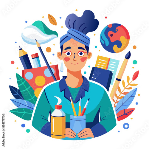 A creative artist with a turban surrounded by art supplies isolated on white background