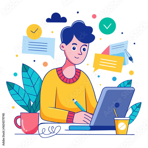 A student is working on a laptop with plant and coffee isolated on white background