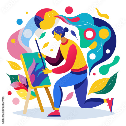 An artist painting on a canvas with colorful shapes isolated on white background