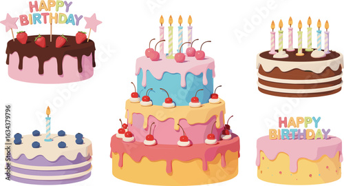 Colorful Birthday Cake Collection with Candles and Decorations, Delicious Celebration Desserts, Festive Party Cakes Illustration for Kids, Fun Cartoon Style Bakery Art