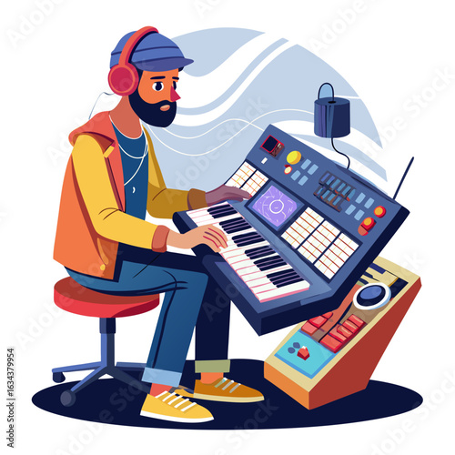 Man with headphones playing electronic keyboard in a music studio setting