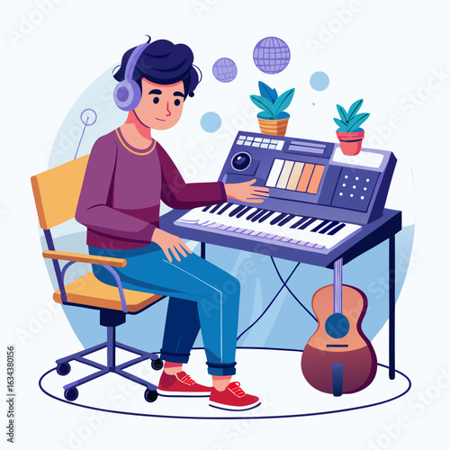 Musician playing synthesizer with guitar isolated on white background