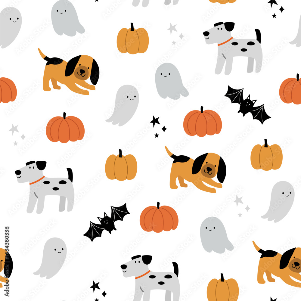 Naklejka premium MHappy Halloween vector seamless pattern. Cute dog, pumpkin, ghost on a white background. Dog print in flat style.