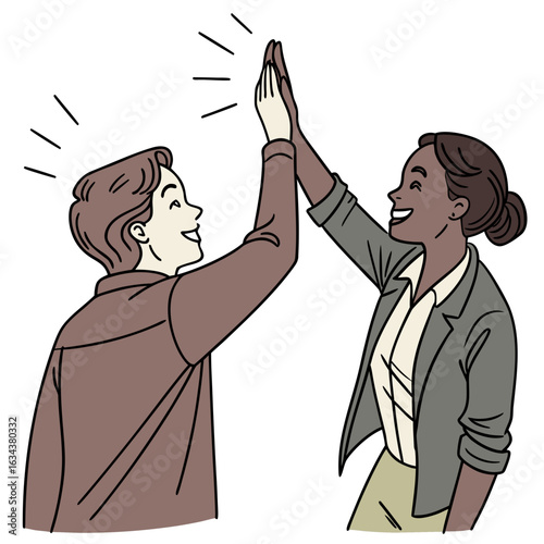 Two colleagues giving each other a high five isolated on white background