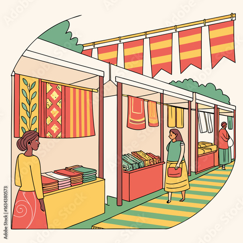 Vibrant Street Market with Colorful Textiles and Shoppers