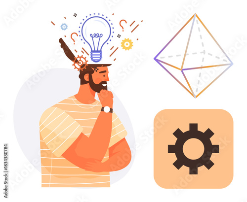 Man in thought with lightbulb overhead, gears, a geometric shape, and a gear icon. Ideal for creativity, innovation, brainstorming, problem-solving, technology design thinking abstract concepts