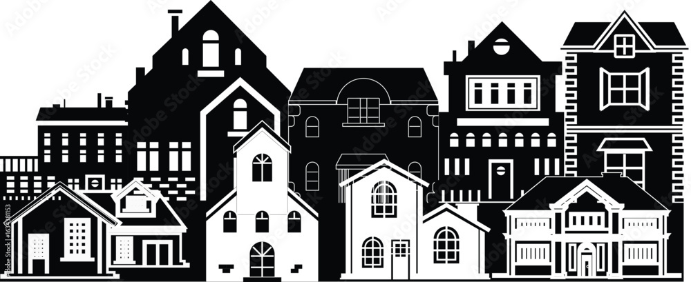 Fototapeta premium Houses landscape silhouette vector illustration isolated on a white background
