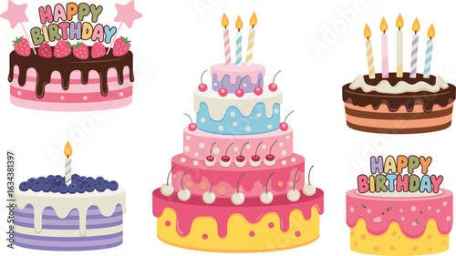 Colorful Birthday Cakes, Cute Celebration Desserts, Candle Topped Party Cake, Layered Sweets Illustration, Festive Baked Treats, Happy Birthday Vector Art, Cartoon Style Decoration