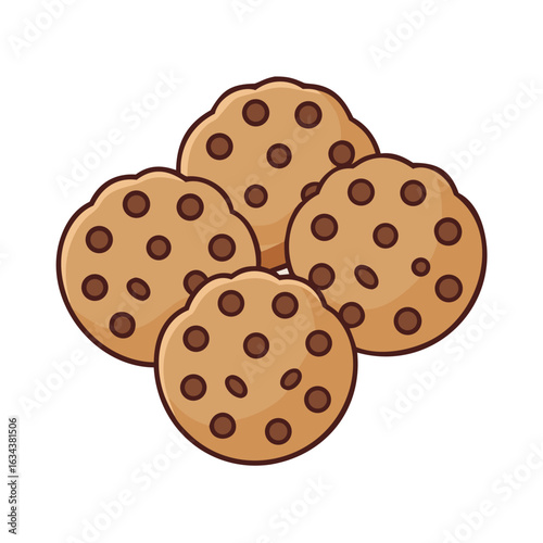 Illustration of four chocolate chip cookies isolated on white background