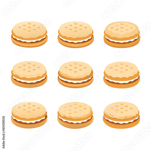 Isometric view of nine sandwich cookies with cream filling isolated on white background