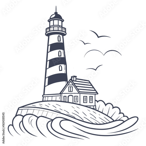 Lighthouse on a coastal island with waves isolated on white background