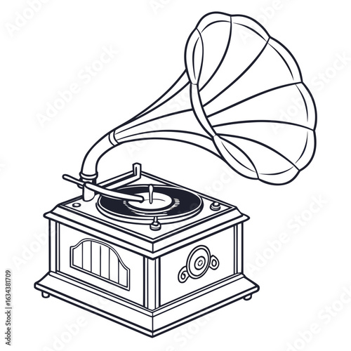 Vintage gramophone with horn isolated on white background in line art style drawing
