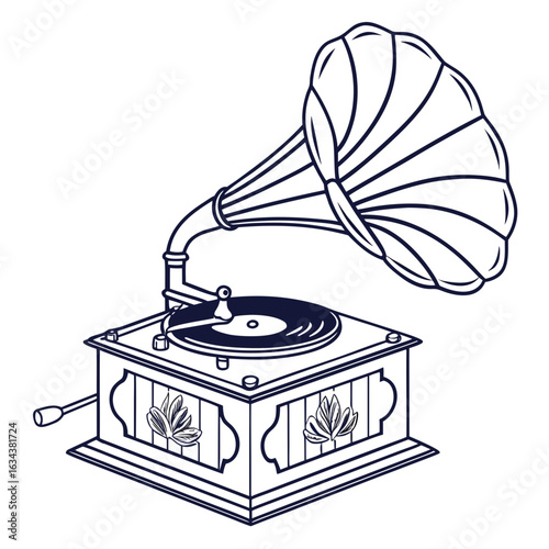 Vintage gramophone with horn isolated on white background in line art style