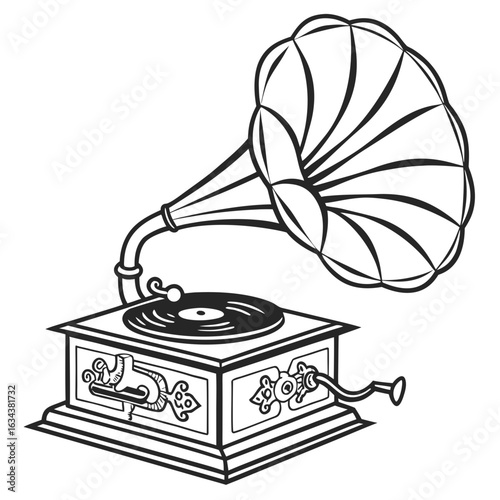 Vintage phonograph with horn isolated on white background in line art style