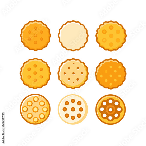 Variety of round crackers isolated on white background, different flavors