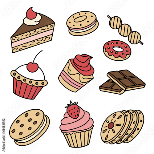 Assortment of colorful desserts including cake, cupcakes, cookies isolated on white background