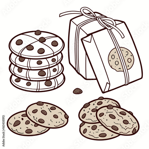 Illustration of a stack of chocolate chip cookies and a gift isolated on white background