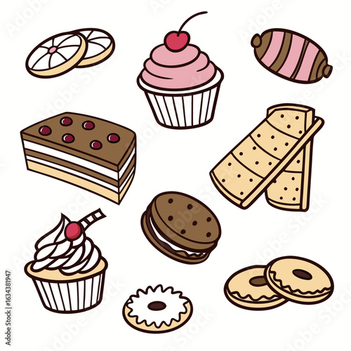 Illustration of various desserts and cookies isolated on white background