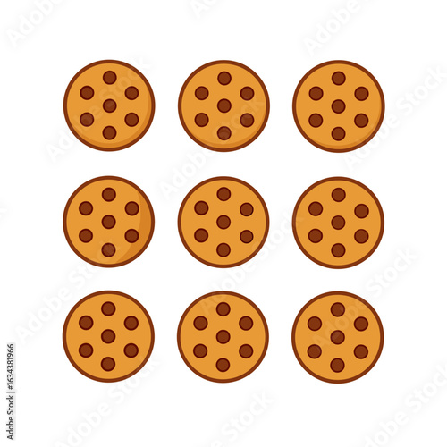 Nine chocolate chip cookies isolated on white background, arranged neatly