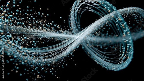 Quantum entanglement particles physics. Superposition research. Measurement science. Abstract visualization of entangled quantum particles in motion.