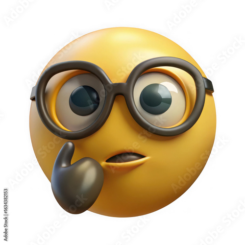 A thinking emoji wearing glasses isolated on transparent background