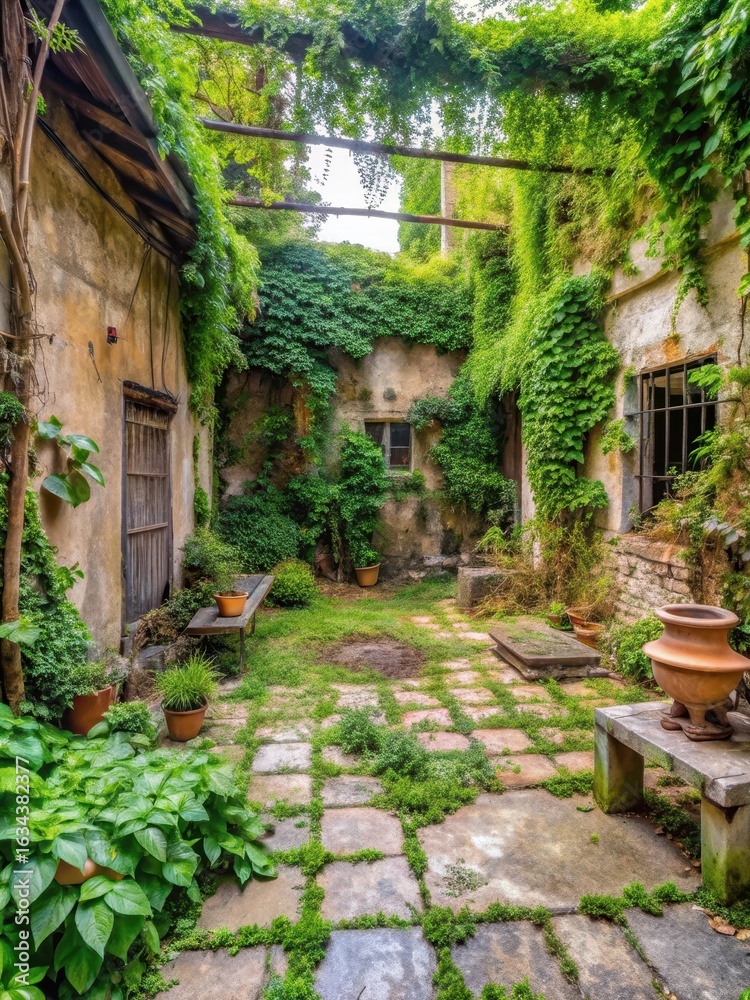 Fototapeta premium Weeds engulfing a patio with overgrown plants and climbing vines covering stone surfaces