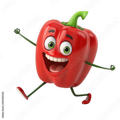 Happy cartoon red pepper character dancing with joy isolated on transparent background