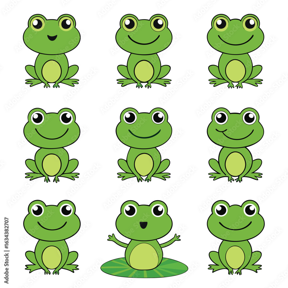 Obraz premium Cute frog clipart illustrations arranged isolated on white background