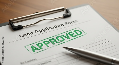 Loan application form with approved stamp and pen on a desk, representing financial approval and successful borrowing