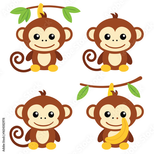 Cute monkey clipart illustrations arranged in a pattern isolated on white background